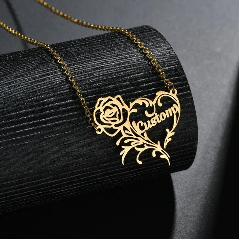 Birth Flower Necklace - Nazwa własna różowe serce naszyjnik charms